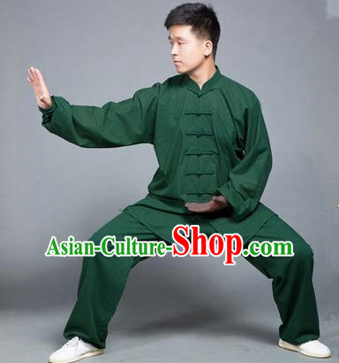 Traditional Chinese Top Flax Kung Fu Costume Martial Arts Kung Fu Training Green Uniform, Tang Suit Gongfu Shaolin Wushu Clothing, Tai Chi Taiji Teacher Suits Uniforms for Men