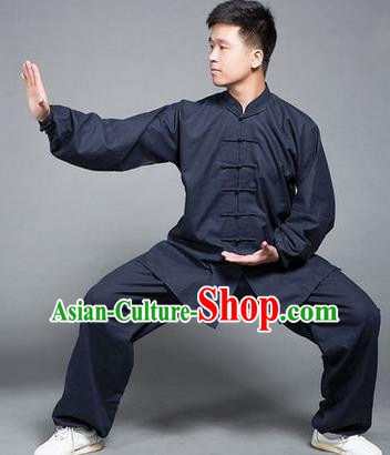 Traditional Chinese Top Flax Kung Fu Costume Martial Arts Kung Fu Training Navy Uniform, Tang Suit Gongfu Shaolin Wushu Clothing, Tai Chi Taiji Teacher Suits Uniforms for Men