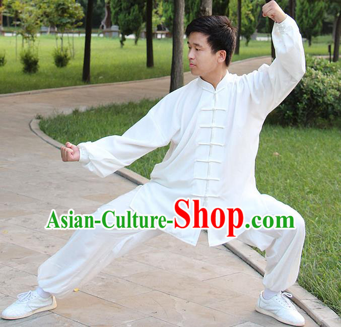 Traditional Chinese Top Silk Cotton Kung Fu Costume Martial Arts Kung Fu Training Long Sleeve White Uniform, Tang Suit Gongfu Shaolin Wushu Clothing, Tai Chi Taiji Teacher Suits Uniforms for Men