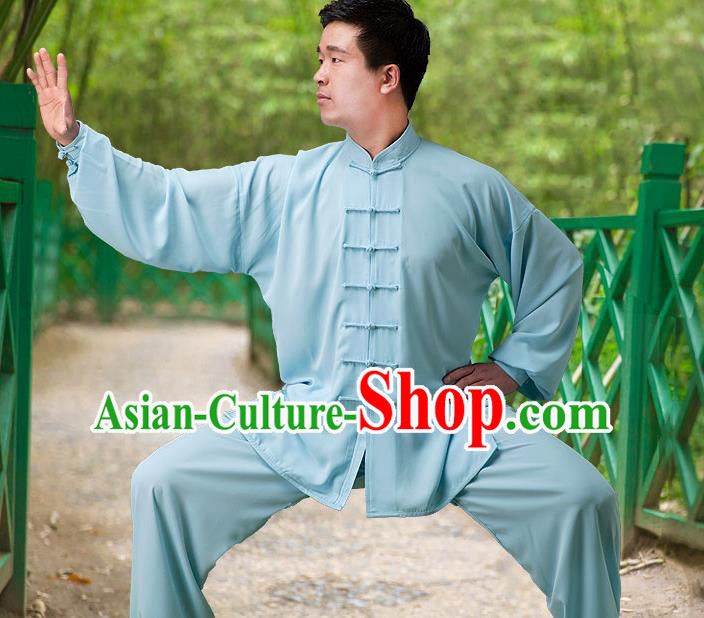 Traditional Chinese Top Silk Cotton Kung Fu Costume Martial Arts Kung Fu Training Long Sleeve Blue Uniform, Tang Suit Gongfu Shaolin Wushu Clothing, Tai Chi Taiji Teacher Suits Uniforms for Men