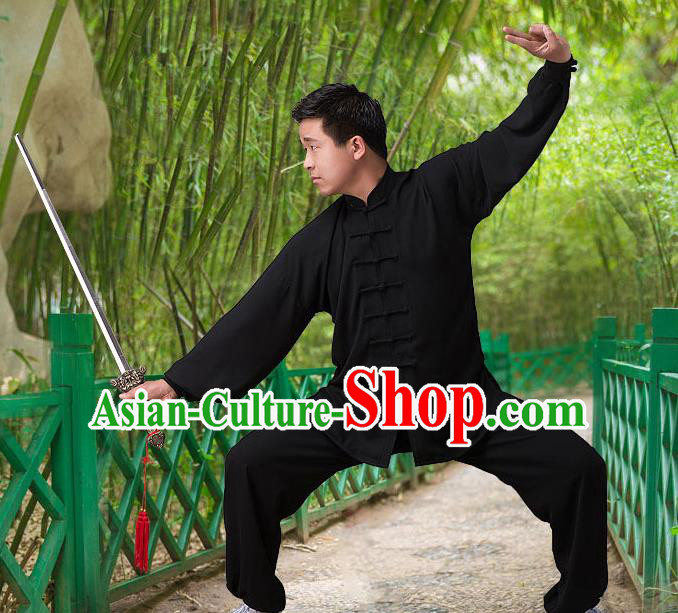 Traditional Chinese Top Silk Cotton Kung Fu Costume Martial Arts Kung Fu Training Long Sleeve Black Uniform, Tang Suit Gongfu Shaolin Wushu Clothing, Tai Chi Taiji Teacher Suits Uniforms for Men