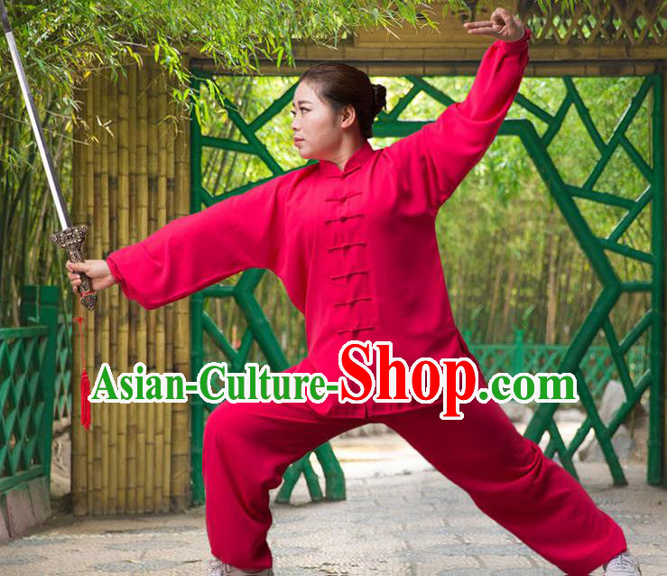 Traditional Chinese Top Silk Cotton Kung Fu Costume Martial Arts Kung Fu Training Long Sleeve Red Uniform, Tang Suit Gongfu Shaolin Wushu Clothing, Tai Chi Taiji Teacher Suits Uniforms for Women