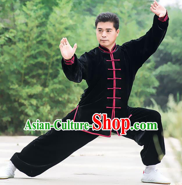 Traditional Chinese Top Pleuche Kung Fu Costume Martial Arts Kung Fu Training Black Uniform, Tang Suit Gongfu Shaolin Wushu Clothing, Tai Chi Taiji Teacher Suits Uniforms for Men