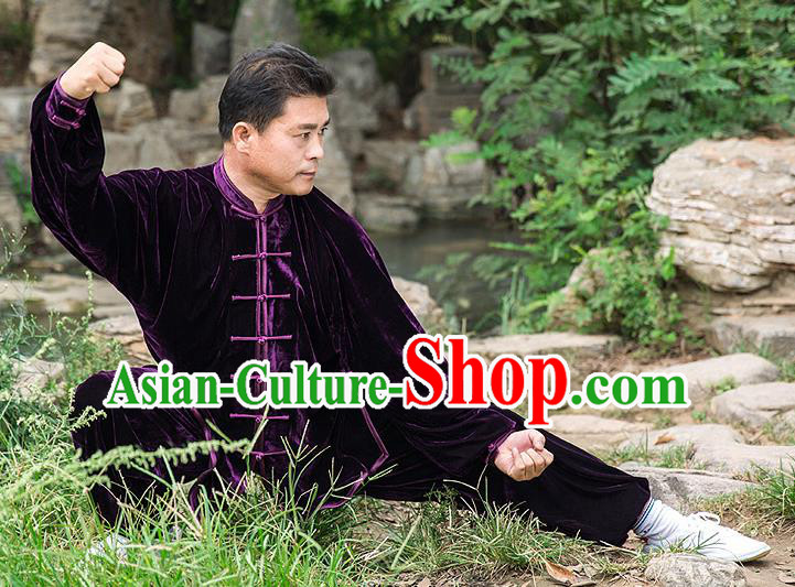 Traditional Chinese Top Pleuche Kung Fu Costume Martial Arts Kung Fu Training Purple Uniform, Tang Suit Gongfu Shaolin Wushu Clothing, Tai Chi Taiji Teacher Suits Uniforms for Men