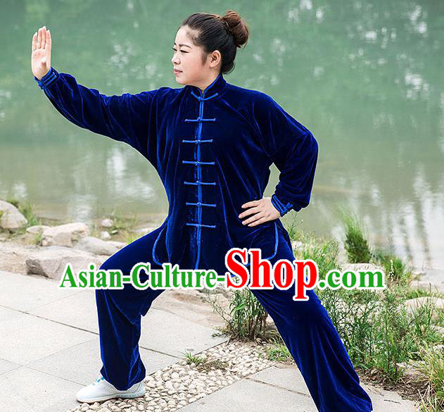 Traditional Chinese Top Pleuche Kung Fu Costume Martial Arts Kung Fu Training Royalblue Plated Buttons Uniform, Tang Suit Gongfu Shaolin Wushu Clothing, Tai Chi Taiji Teacher Suits Uniforms for Women