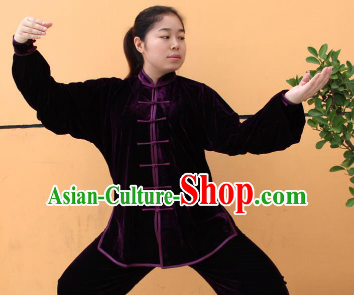 Traditional Chinese Top Pleuche Kung Fu Costume Martial Arts Kung Fu Training Purple Uniform, Tang Suit Gongfu Shaolin Wushu Clothing, Tai Chi Taiji Teacher Suits Uniforms for Women