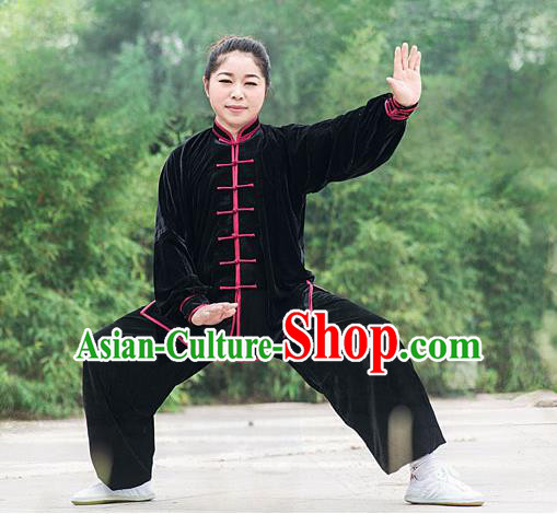 Traditional Chinese Top Pleuche Kung Fu Costume Martial Arts Kung Fu Training Black Plated Buttons Uniform, Tang Suit Gongfu Shaolin Wushu Clothing, Tai Chi Taiji Teacher Suits Uniforms for Women