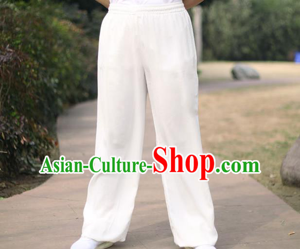 Traditional Chinese Top Linen Kung Fu Costume Martial Arts Kung Fu Training White Pants, Tang Suit Gongfu Shaolin Wushu Clothing Tai Chi Taiji Teacher Trousers for Men