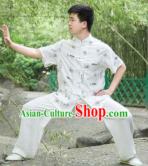 Traditional Chinese Top Linen Kung Fu Costume Martial Arts Kung Fu Training Short Sleeve Plated Buttons White Printing Fortune Uniform, Tang Suit Gongfu Shaolin Wushu Clothing, Tai Chi Taiji Teacher Suits Uniforms for Men