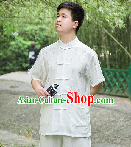 Traditional Chinese Top Linen Kung Fu Costume Martial Arts Kung Fu Training Short Sleeve Plated Buttons White Printing Uniform, Tang Suit Gongfu Shaolin Wushu Clothing, Tai Chi Taiji Teacher Suits Uniforms for Men