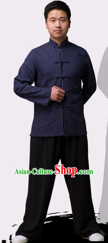 Traditional Chinese Top Linen Kung Fu Costume Martial Arts Kung Fu Training Plated Buttons Navy Blouse, Tang Suit Gongfu Shaolin Wushu Clothing, Tai Chi Taiji Teacher Coat for Men