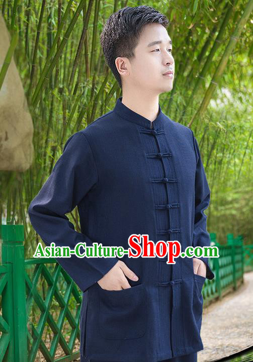 Traditional Chinese Top Linen Kung Fu Costume Martial Arts Kung Fu Training Long Sleeve Navy Uniform, Tang Suit Gongfu Shaolin Wushu Clothing, Tai Chi Taiji Teacher Suits Uniforms for Men