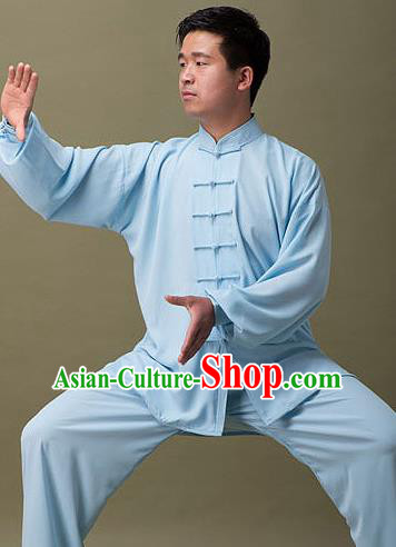 Traditional Chinese Top Silk Cotton Kung Fu Costume Martial Arts Kung Fu Training Plated Buttons Blue Uniform, Tang Suit Gongfu Shaolin Wushu Clothing, Tai Chi Taiji Teacher Suits Uniforms for Men