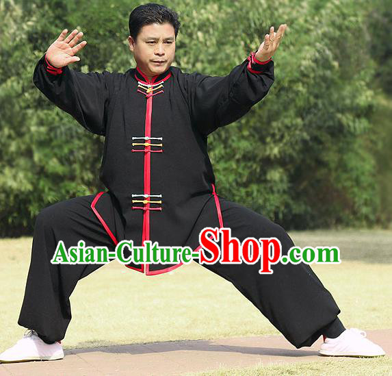 Traditional Chinese Top Silk Cotton Kung Fu Costume Martial Arts Kung Fu Training Colorful Plated Buttons Black Uniform, Tang Suit Gongfu Shaolin Wushu Clothing, Tai Chi Taiji Teacher Suits Uniforms for Men