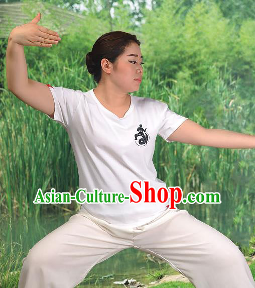 Traditional Chinese Top Cotton Kung Fu Costume Martial Arts Kung Fu Training Short Sleeve T-Shirt, Tang Suit Gongfu Shaolin Wushu Clothing, Tai Chi Taiji Teacher T-shirts for Women