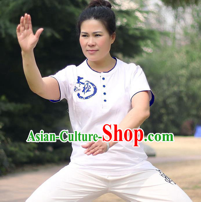 Traditional Chinese Top Cotton Kung Fu Costume Martial Arts Kung Fu Training Short Sleeve Blue Print T-Shirt, Tang Suit Gongfu Shaolin Wushu Clothing, Tai Chi Taiji Teacher T-shirts for Women