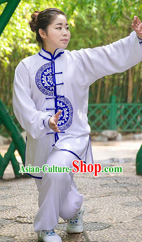 Traditional Chinese Top Silk Cotton Kung Fu Costume Martial Arts Kung Fu Training Plated Buttons Blue and White Uniform, Tang Suit Gongfu Shaolin Wushu Clothing, Tai Chi Taiji Teacher Suits Uniforms for Women