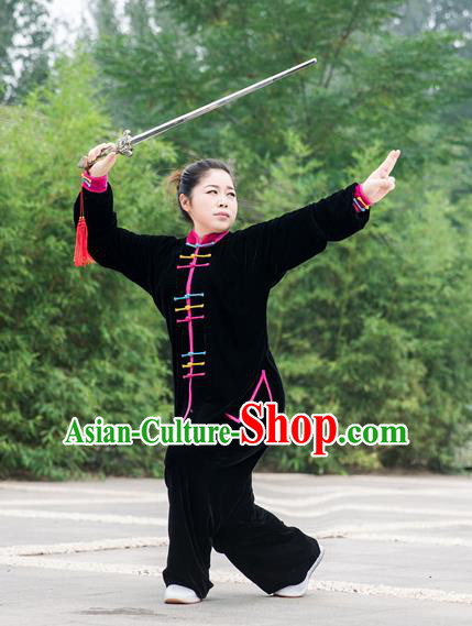 Traditional Chinese Top Pleuche Kung Fu Costume Martial Arts Kung Fu Training Colorful Plated Buttons Black Uniform, Tang Suit Gongfu Shaolin Wushu Clothing, Tai Chi Taiji Teacher Suits Uniforms for Women