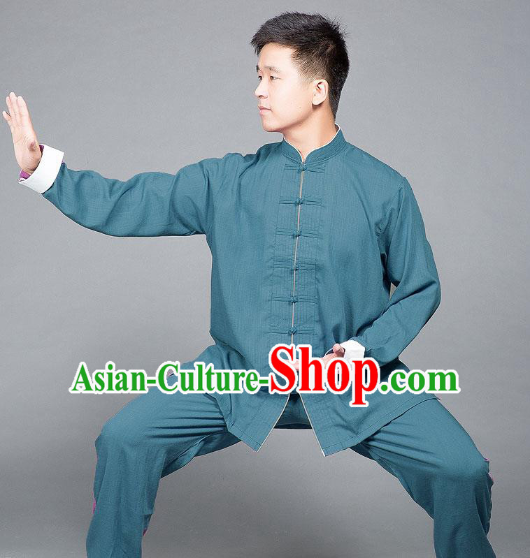 Traditional Chinese Top Linen Kung Fu Costume Martial Arts Kung Fu Training Plated Buttons Roll Sleeve Blue Uniform, Tang Suit Gongfu Shaolin Wushu Clothing, Tai Chi Taiji Teacher Suits Uniforms for Men