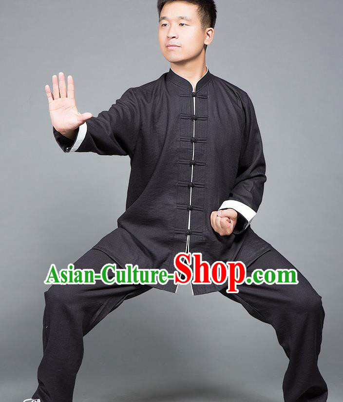 Traditional Chinese Top Linen Kung Fu Costume Martial Arts Kung Fu Training Plated Buttons Roll Sleeve Black Uniform, Tang Suit Gongfu Shaolin Wushu Clothing, Tai Chi Taiji Teacher Suits Uniforms for Men