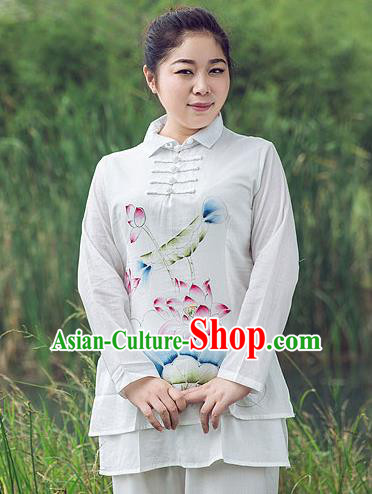 Traditional Chinese Top Linen Kung Fu Costume Martial Arts Kung Fu Training Plated Buttons Freehand Sketching Lotus Uniform, Tang Suit Gongfu Shaolin Wushu Clothing, Tai Chi Taiji Teacher Suits Uniforms for Women