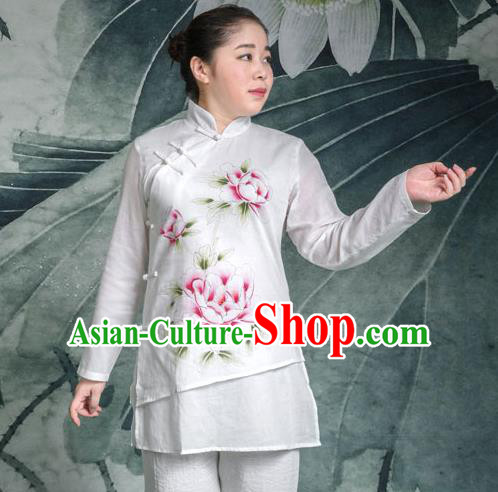 Traditional Chinese Top Linen Kung Fu Costume Martial Arts Kung Fu Training Plated Buttons Freehand Sketching Peony Uniform, Tang Suit Gongfu Shaolin Wushu Clothing, Tai Chi Taiji Teacher Suits Uniforms for Women