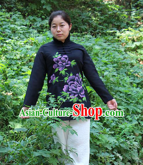 Traditional Chinese Top Linen Kung Fu Costume Martial Arts Kung Fu Training Front Opening Plated Buttons Freehand Sketching Peony Black Uniform, Tang Suit Gongfu Shaolin Wushu Clothing, Tai Chi Taiji Teacher Suits Uniforms for Women