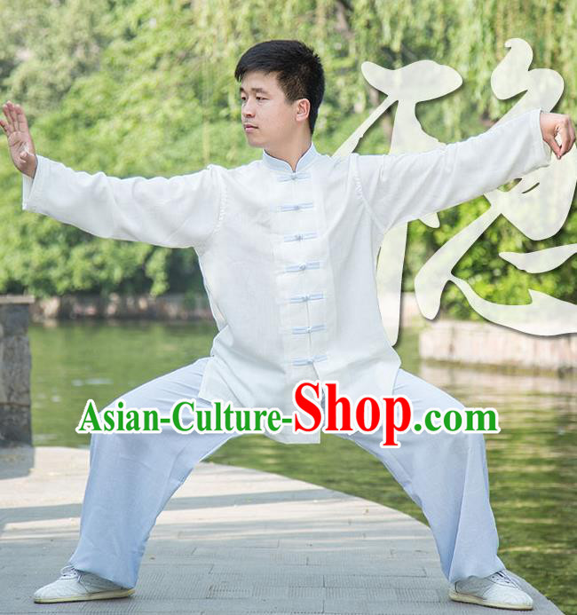 Traditional Chinese Top Linen Kung Fu Costume Martial Arts Kung Fu Training White Uniform, Tang Suit Gongfu Shaolin Wushu Clothing, Tai Chi Taiji Teacher Suits Uniforms for Men