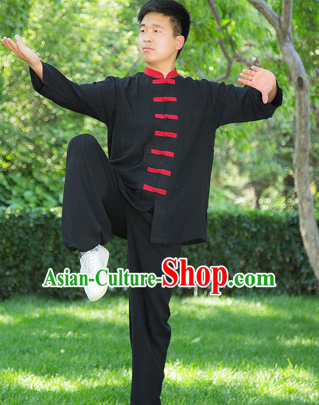 Traditional Chinese Top Linen Kung Fu Costume Martial Arts Kung Fu Training Red Plated Buttons Black Uniform, Tang Suit Gongfu Shaolin Wushu Clothing, Tai Chi Taiji Teacher Suits Uniforms for Men