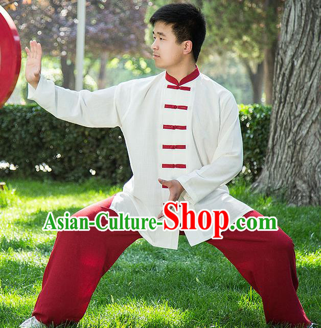 Traditional Chinese Top Linen Kung Fu Costume Martial Arts Kung Fu Training Red Plated Buttons White Uniform, Tang Suit Gongfu Shaolin Wushu Clothing, Tai Chi Taiji Teacher Suits Uniforms for Men