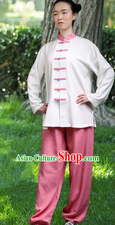 Traditional Chinese Top Linen Kung Fu Costume Martial Arts Kung Fu Training Red Plated Buttons White Uniform, Tang Suit Gongfu Shaolin Wushu Clothing, Tai Chi Taiji Teacher Suits Uniforms for Women