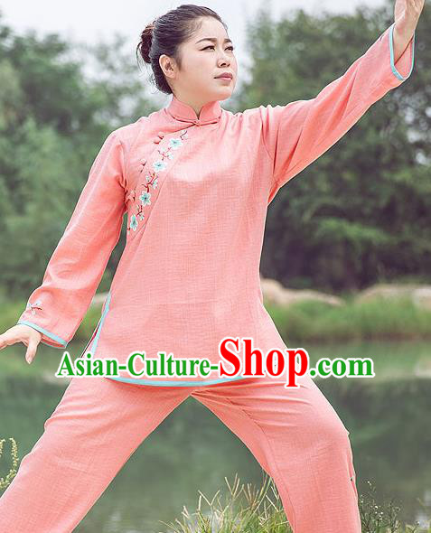 Traditional Chinese Top Gastrodia Kung Fu Costume Martial Arts Kung Fu Training Plated Buttons Hand Painted Plum Blossom Pink Uniform, Tang Suit Gongfu Shaolin Wushu Clothing, Tai Chi Taiji Teacher Suits Uniforms for Women