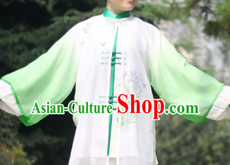 Traditional Chinese Top Gastrodia Kung Fu Costume Martial Arts Kung Fu Training Green Chiffon Marble, Tang Suit Gongfu Shaolin Wushu Clothing, Tai Chi Taiji Teacher Cardigan for Women