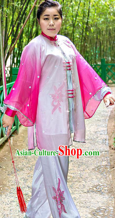 Traditional Chinese Top Stretch Silk Kung Fu Costume Martial Arts Kung Fu Training Embroidery Pink Marble Uniform, Tang Suit Gongfu Shaolin Wushu Clothing, Tai Chi Taiji Teacher Suits Uniforms for Women