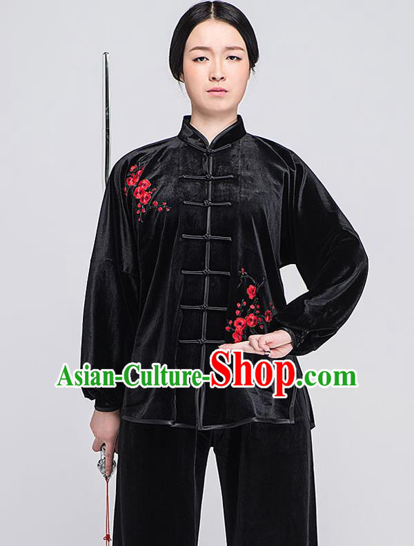 Traditional Chinese Top South Korea Velvet Kung Fu Costume Martial Arts Kung Fu Training Black Embroidered Uniform, Tang Suit Gongfu Shaolin Wushu Clothing, Tai Chi Taiji Teacher Suits Uniforms for Women