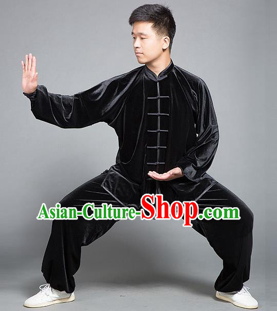 Traditional Chinese Top Gold Velvet Kung Fu Costume Martial Arts Kung Fu Training Plated Buttons Black Uniform, Tang Suit Gongfu Shaolin Wushu Clothing, Tai Chi Taiji Teacher Suits Uniforms for Men