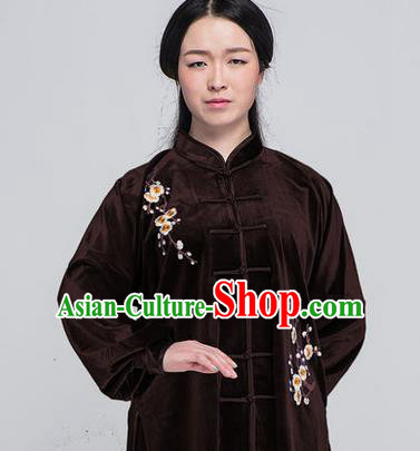 Traditional Chinese Top South Korea Velvet Kung Fu Costume Martial Arts Kung Fu Training Brown Embroidered Uniform, Tang Suit Gongfu Shaolin Wushu Clothing, Tai Chi Taiji Teacher Suits Uniforms for Women