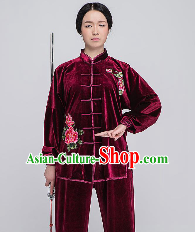 Traditional Chinese Top South Korea Velvet Kung Fu Costume Martial Arts Kung Fu Training Red Embroidered Uniform, Tang Suit Gongfu Shaolin Wushu Clothing, Tai Chi Taiji Teacher Suits Uniforms for Women