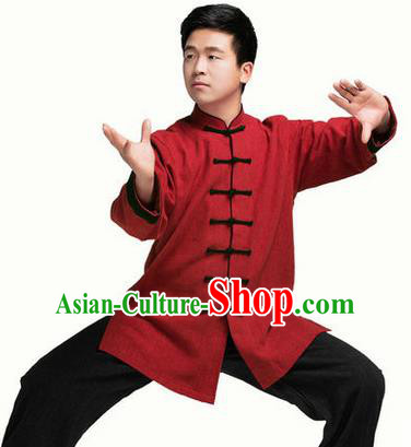 Traditional Chinese Top Muscle Hemp Kung Fu Costume Martial Arts Kung Fu Training Red Uniform, Tang Suit Gongfu Shaolin Wushu Clothing, Tai Chi Taiji Teacher Suits Uniforms for Men