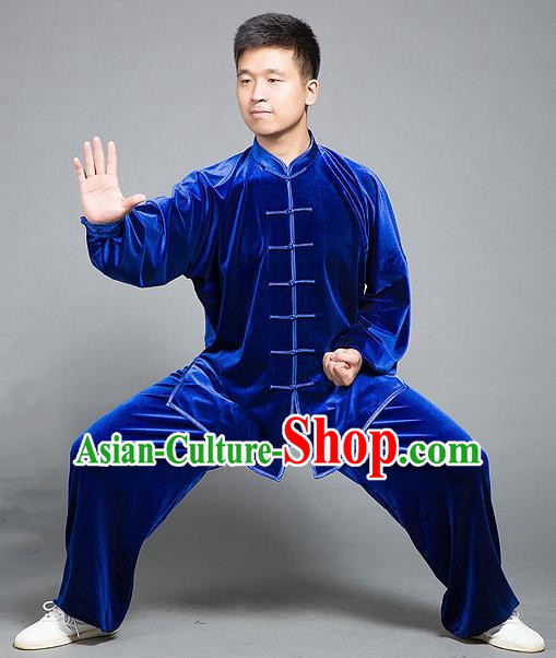 Traditional Chinese Top Gold Velvet Kung Fu Costume Martial Arts Kung Fu Training Plated Buttons Blue Uniform, Tang Suit Gongfu Shaolin Wushu Clothing, Tai Chi Taiji Teacher Suits Uniforms for Men