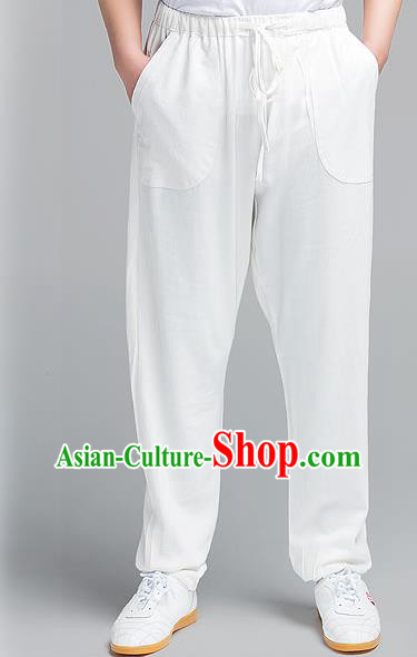 Traditional Chinese Top Muscle Hemp Kung Fu Costume Martial Arts Kung Fu Training White Pants, Tang Suit Gongfu Shaolin Wushu Plus Fours, Tai Chi Taiji Teacher Trousers for Men