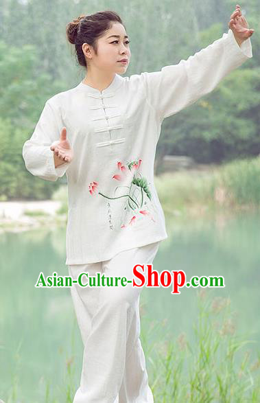 Traditional Chinese Top Gastrodia Kung Fu Costume Martial Arts Kung Fu Training Plated Buttons Hand Painted Lotus Uniform, Tang Suit Gongfu Shaolin Wushu Clothing, Tai Chi Taiji Teacher Suits Uniforms for Women