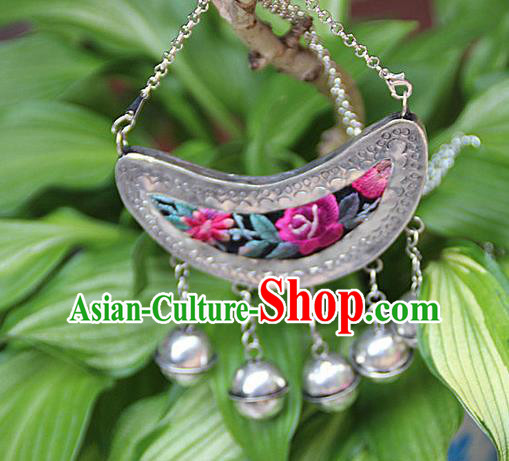 Traditional Chinese Miao Nationality Crafts, Hmong Handmade Silver Embroidery Bell Pendant, Black Rope Necklace Pendant for Women
