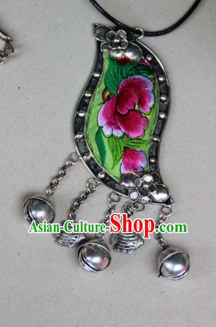 Traditional Chinese Miao Nationality Crafts, Hmong Handmade Silver Embroidery Bell Pendant, Black Rope Necklace Bell Pendant for Women