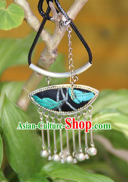 Traditional Chinese Miao Nationality Crafts, Hmong Handmade Silver Blue Embroidery Pendant, Black Rope Necklace Bells Pendant for Women