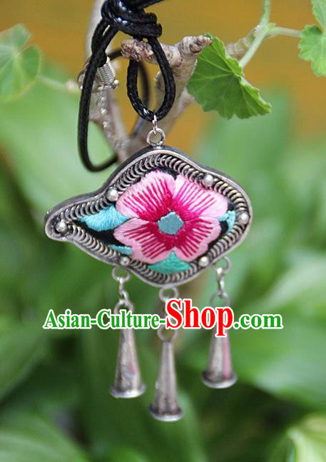 Traditional Chinese Miao Nationality Crafts Hmong Handmade Silver Embroidery Pendant, Necklace Accessories Bells Pendant for Women