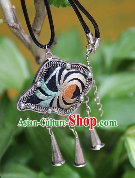 Traditional Chinese Miao Nationality Crafts Hmong Handmade Silver Embroidery Pendant, Ethnic Minority Miao Necklace Accessories Bells Pendant for Women