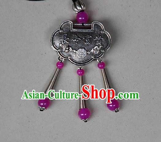 Traditional Chinese Miao Nationality Crafts, Hmong Handmade Miao Silver Embroidery Longevity Lock Pendant, Miao Ethnic Minority Necklace Accessories Bells Pendant for Women