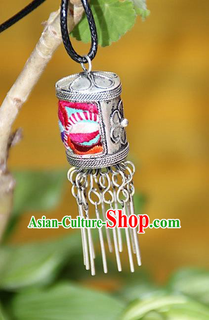 Traditional Chinese Miao Nationality Crafts, Hmong Handmade Miao Silver Embroidery Pendant, Miao Ethnic Minority Necklace Accessories Bells Pendant for Women