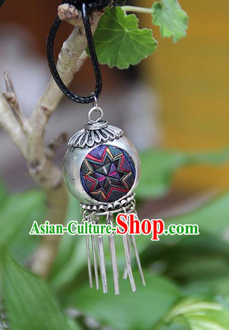 Traditional Chinese Miao Nationality Crafts, Hmong Handmade Miao Silver Embroidery Spherical Tassel Pendant, Miao Ethnic Minority Necklace Accessories Bells Pendant for Women